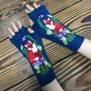 Winter Knit Gloves, Handmade Embroidery, Knitted Fox Gloves Arm Warmer Women